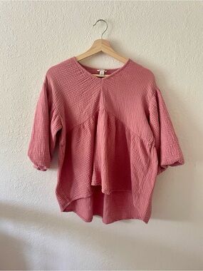 CATO Women’s Pink 100% Cotton Gauze 3/4 Puff Sleeve Babydoll Shirt